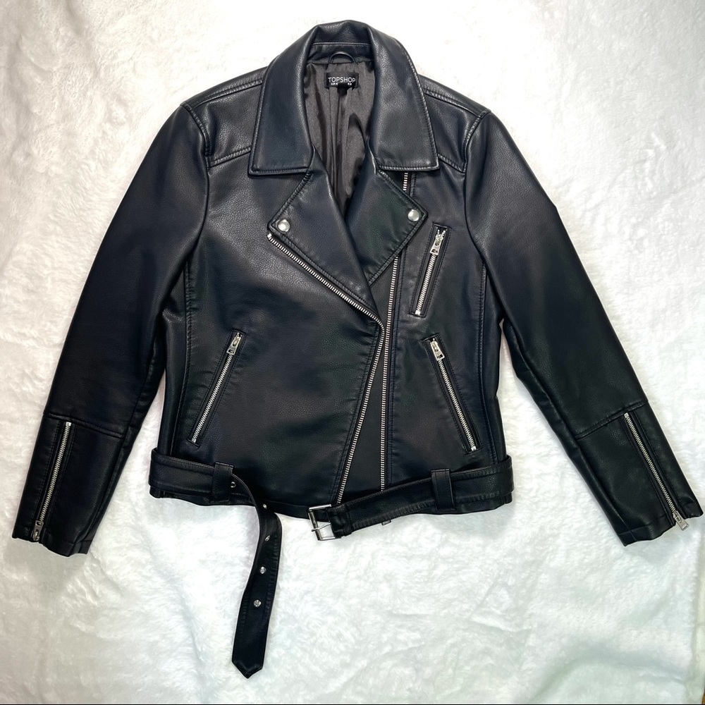 TopShop Faux Leather Biker Jacket in Black Size 8